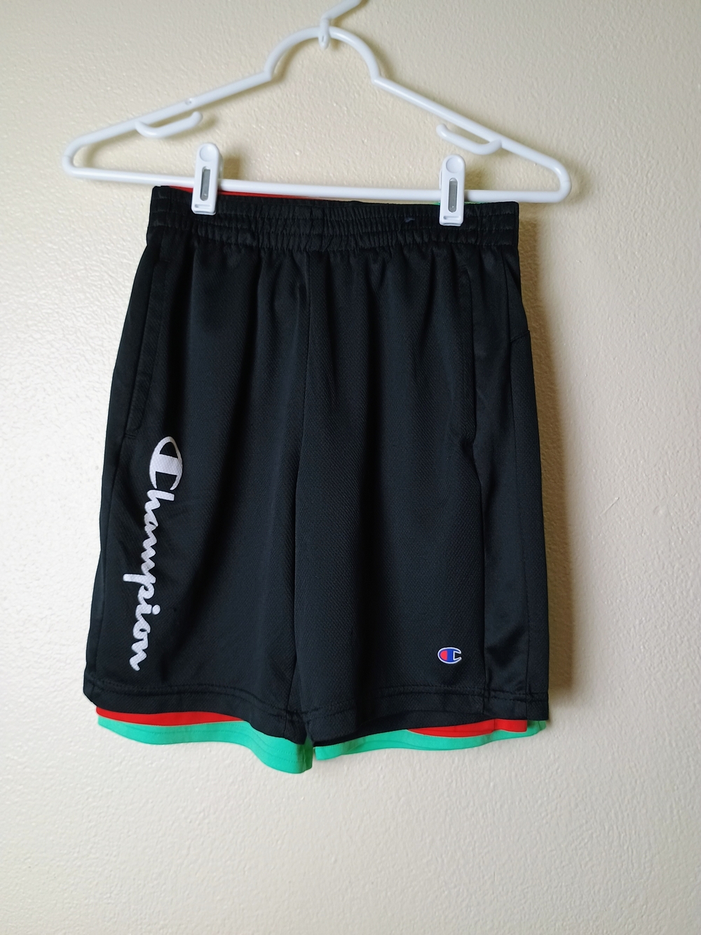 Champion/Under Armour Lot Of 4 Boys' Black Athletic Shorts with Green & Red Trim